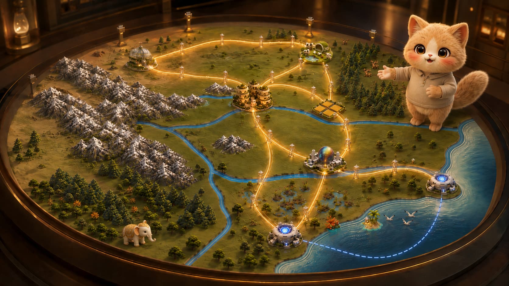 A cat explaining MiaoMiao City’s closed-loop power grid on a circular regional diorama.