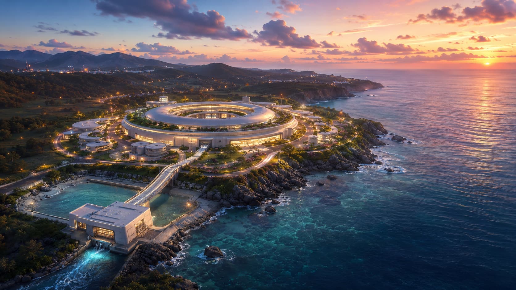 A coastal fusion power plant at dusk, quietly operating beside the sea.