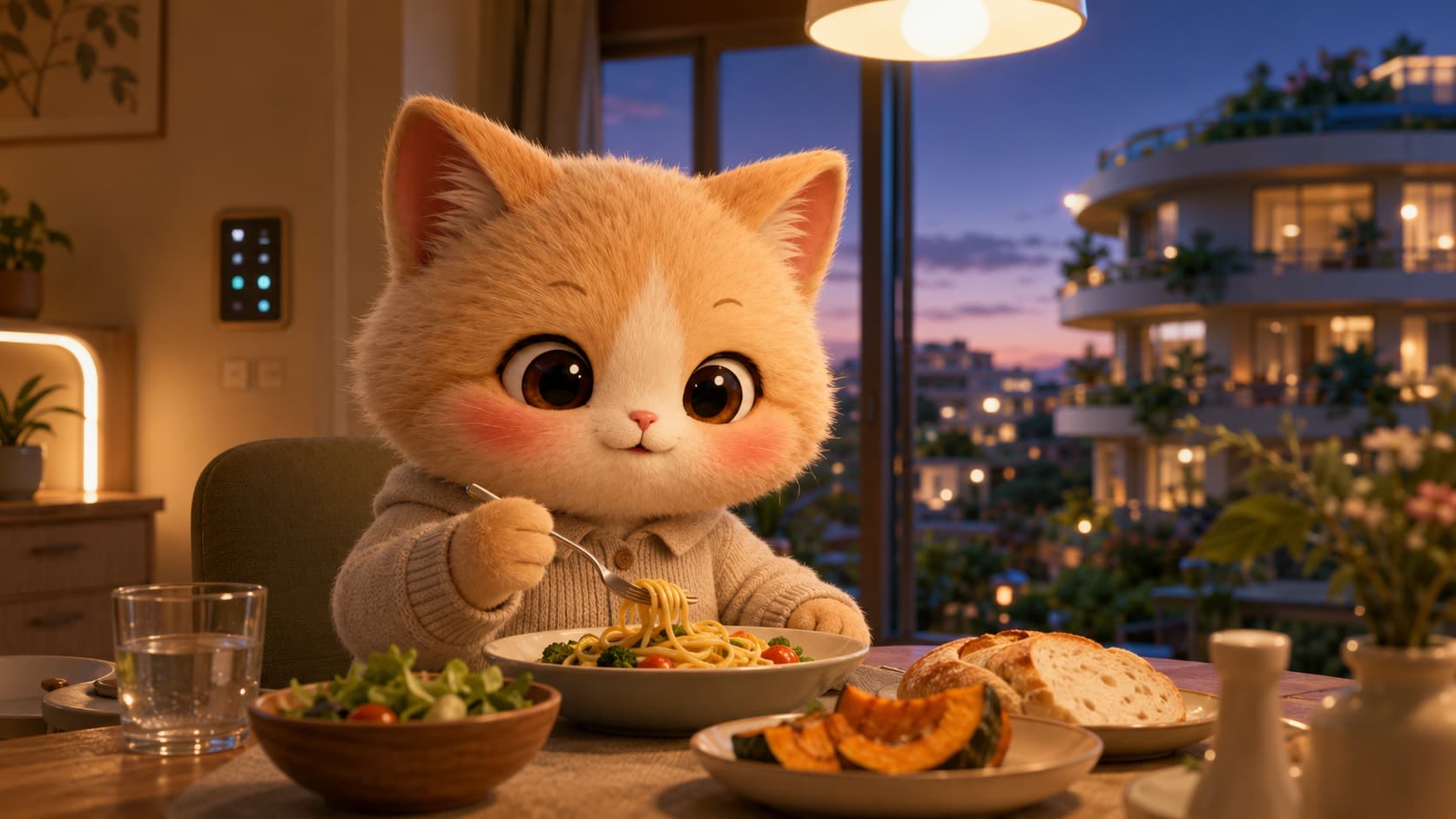 A cat eating dinner in a modern MiaoMiao City apartment as the lights come on at dusk.