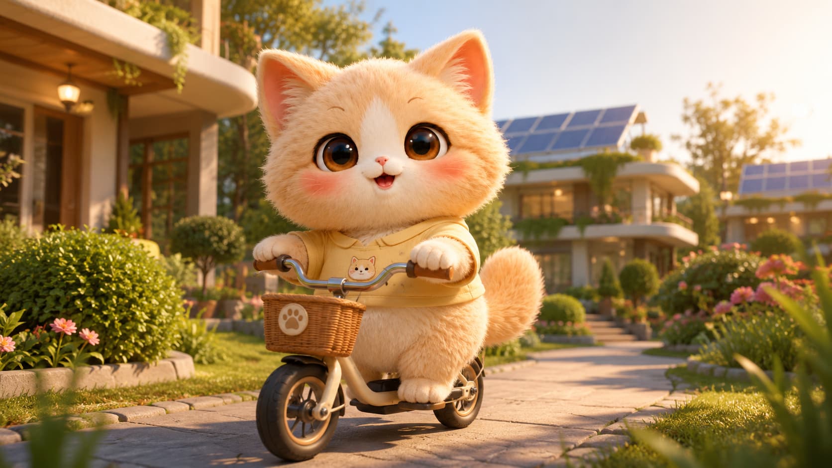A cat riding an unpowered bicycle beside a two-story MiaoMiao City home with small-scale rooftop solar.