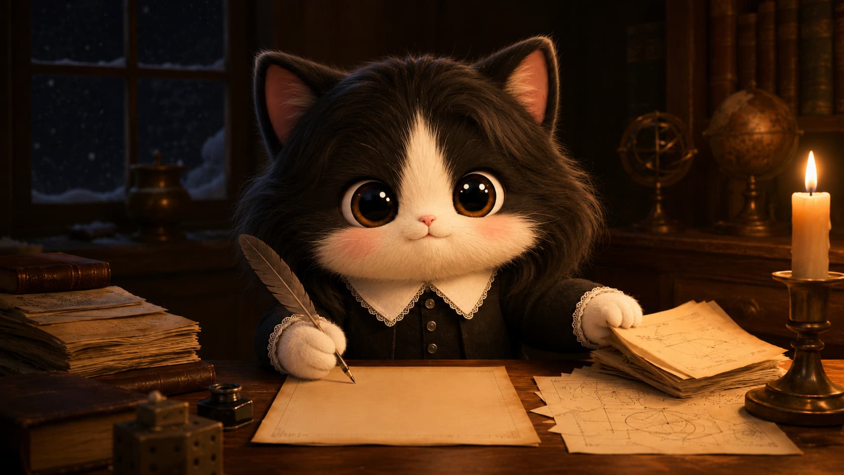 Descartes Cat sets old assumptions aside and prepares to write on a blank page in a quiet study.