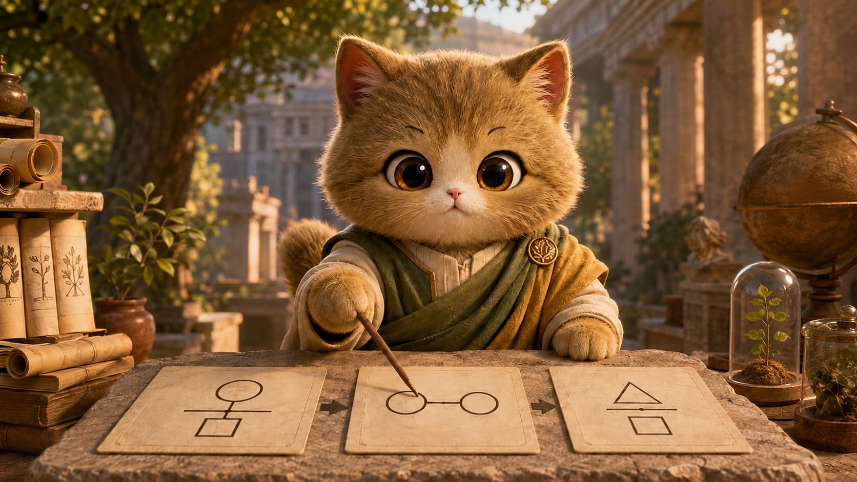 Aristotle Cat uses a small stick to connect premise boards with a conclusion board in a school courtyard.