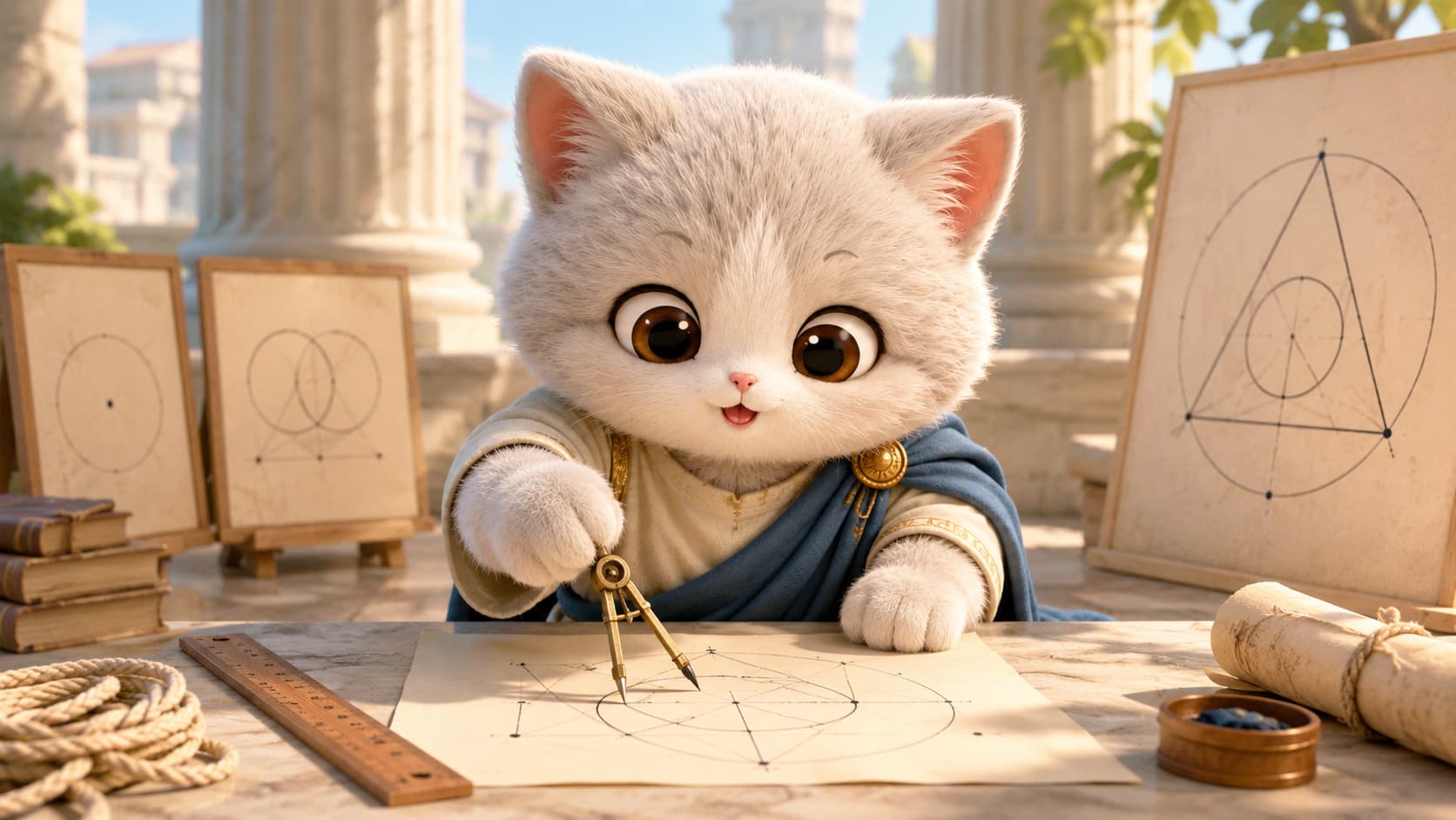 Euclid Cat uses a compass to complete an arc in a geometric proof diagram.