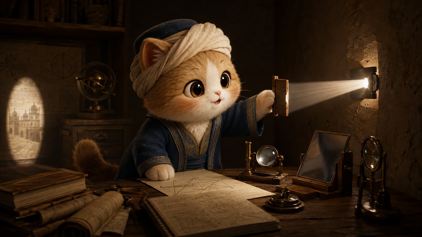 Ibn al-Haytham Cat adjusts a small aperture in a dark room and observes the projected light.