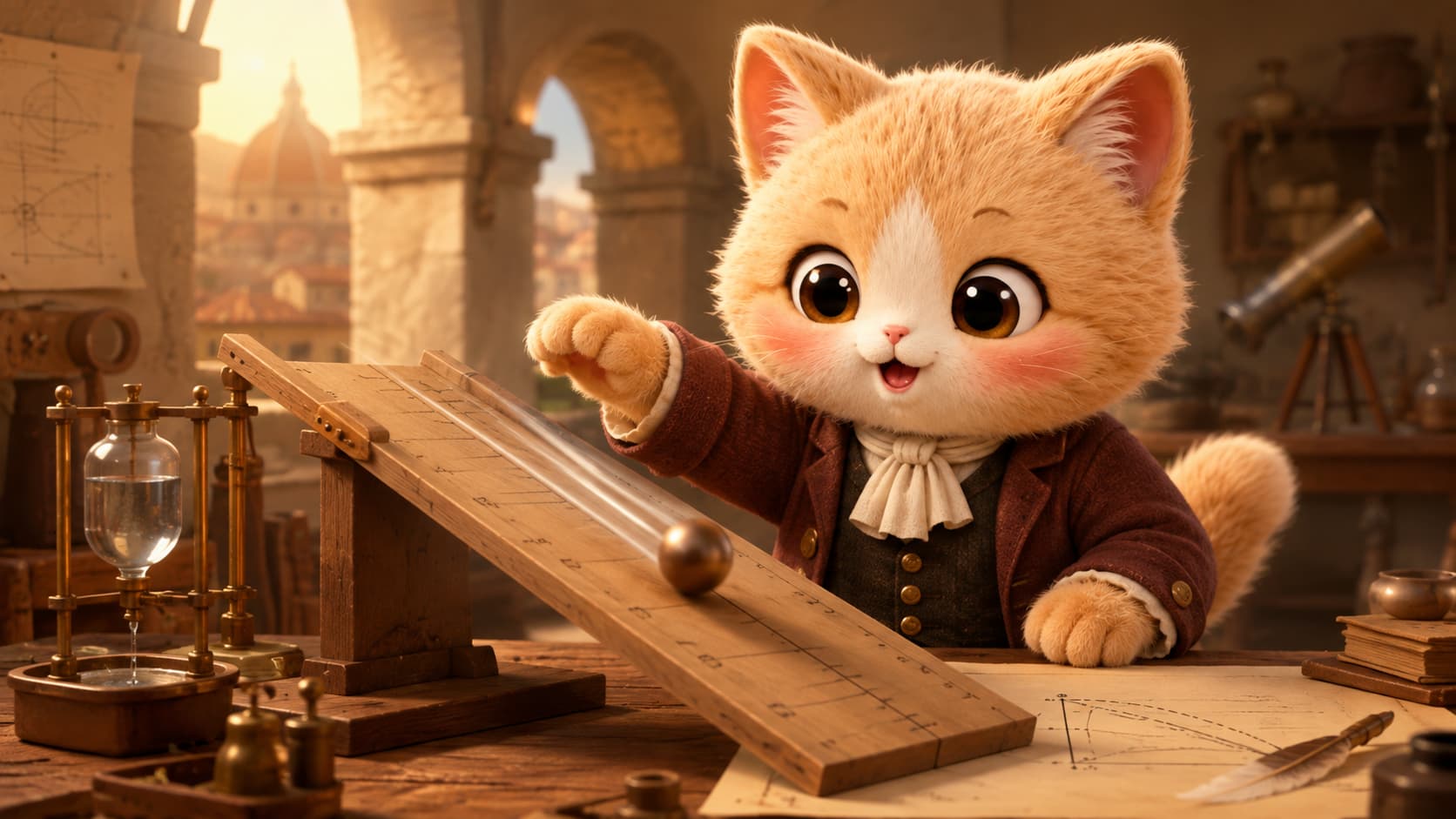 Galileo Cat releases a ball on an inclined plane and records its travel time.