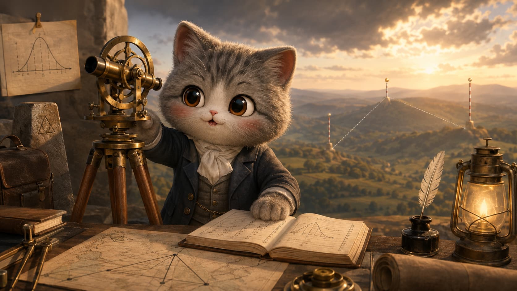Gauss Cat adjusts a surveying instrument outdoors while comparing repeated measurements.