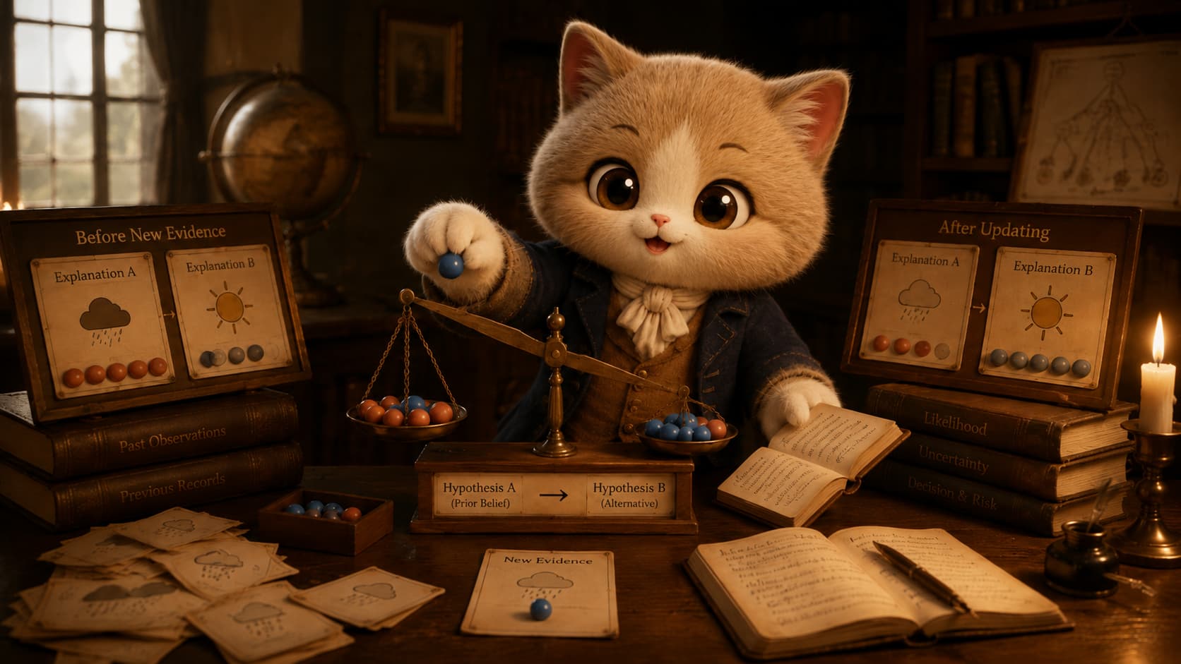 Bayes Cat adds a new evidence bead to a probability model and watches the balance change.