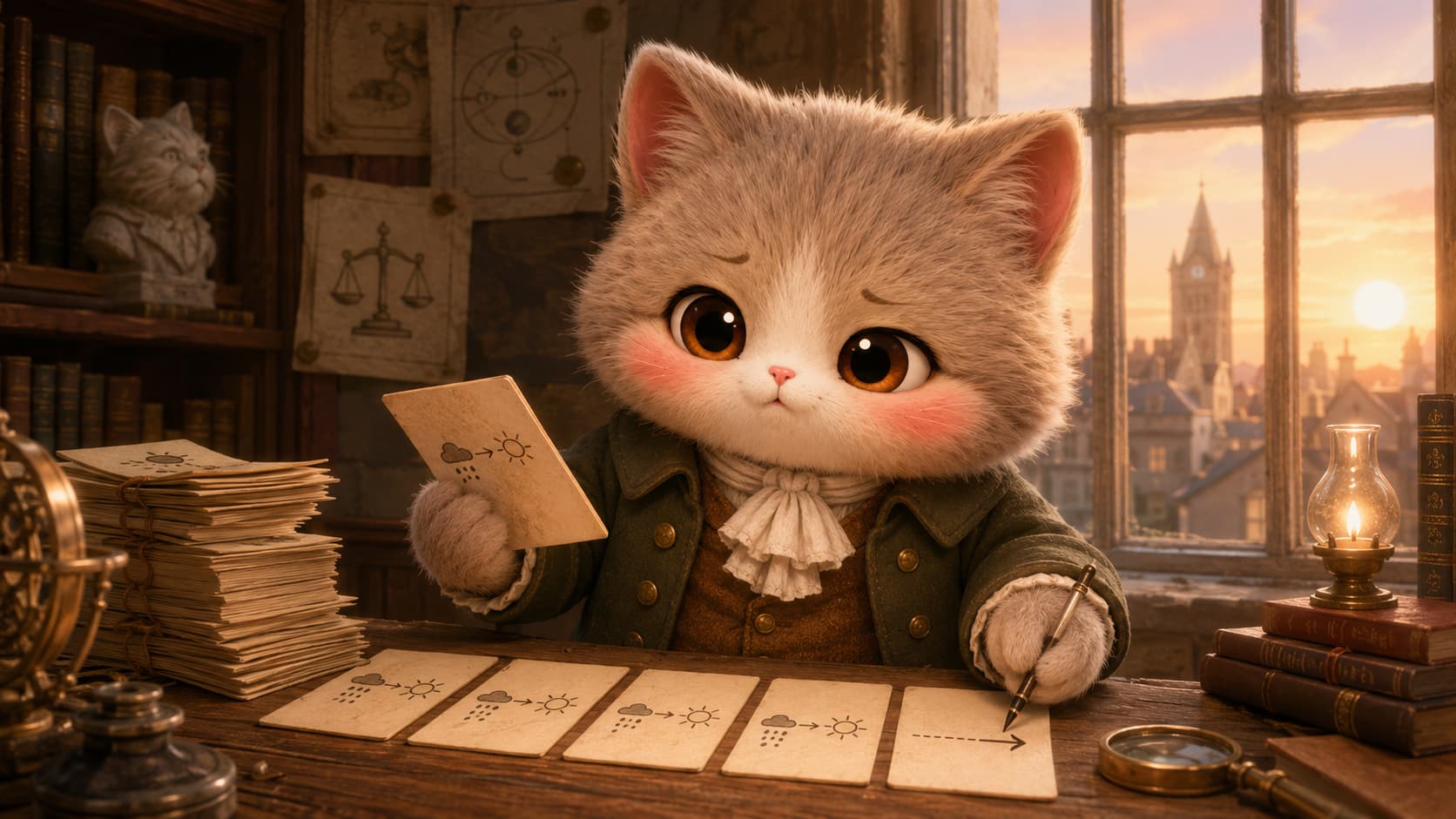 Hume Cat compares repeated observations and pauses before an unfinished causal arrow.