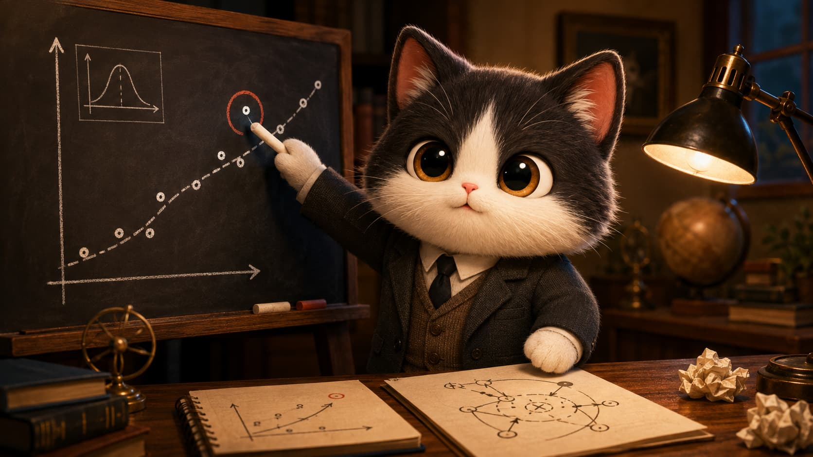 Popper Cat circles an observation that departs from a prediction and prepares to revise the old model.