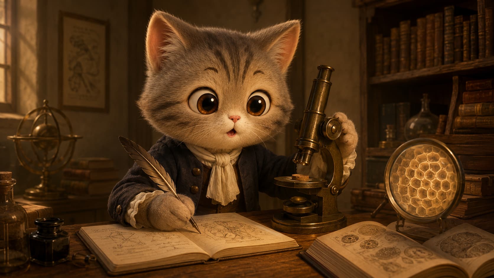 Hooke Cat adjusts an early microscope while recording tiny chambers in cork.
