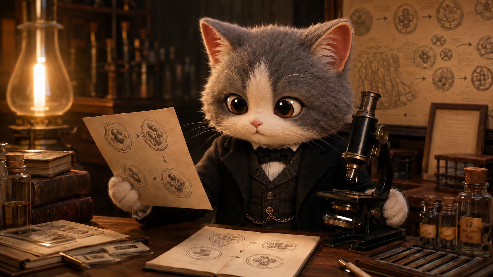 Virchow Cat compares a sequence of cell observations beside a microscope.
