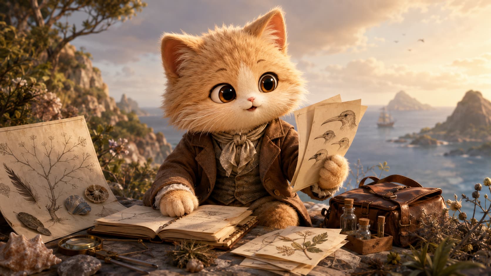 Darwin Cat compares field notes about beaks, shells, and plants.