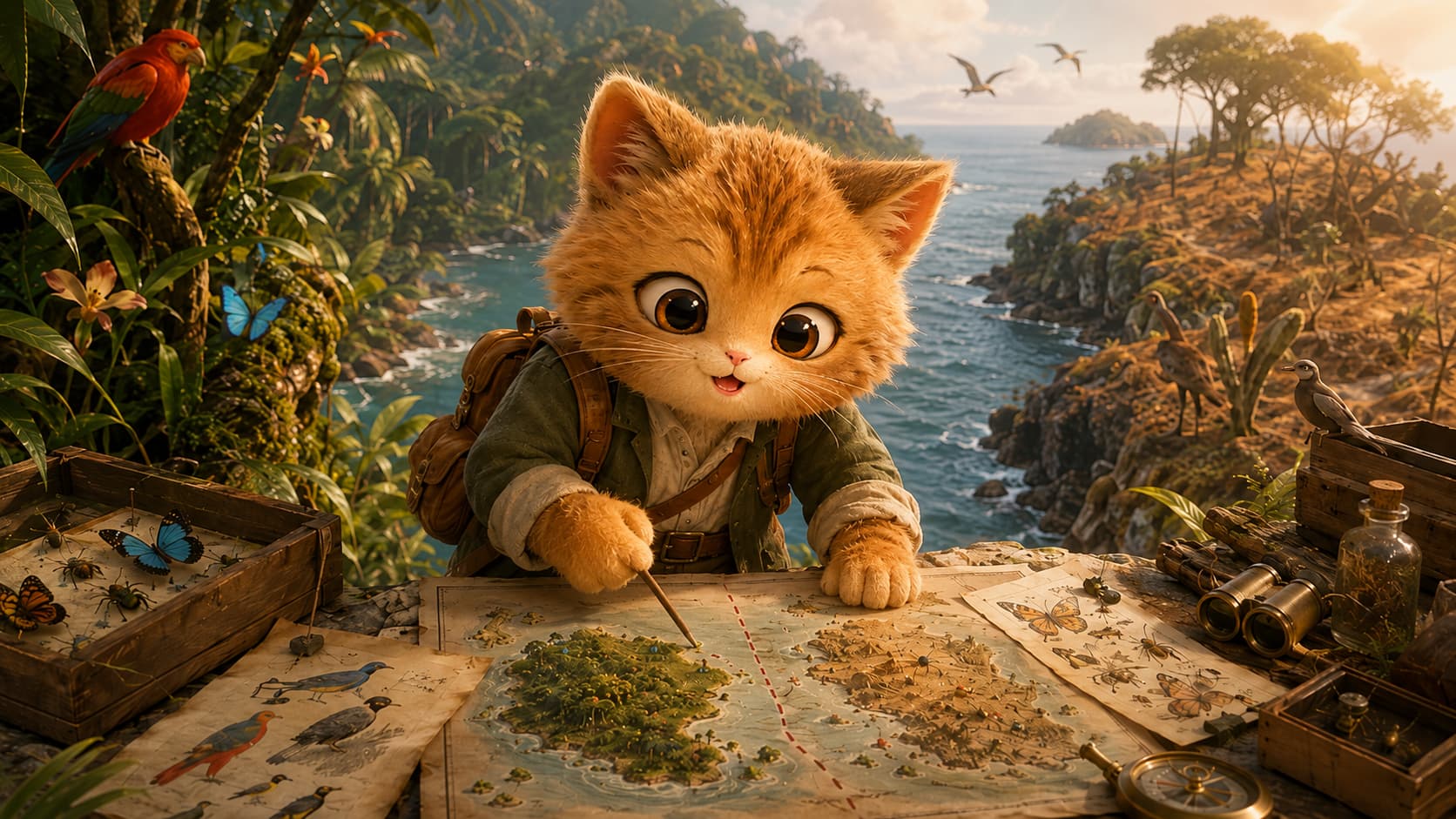 Wallace Cat points to a species boundary on a map of tropical islands.