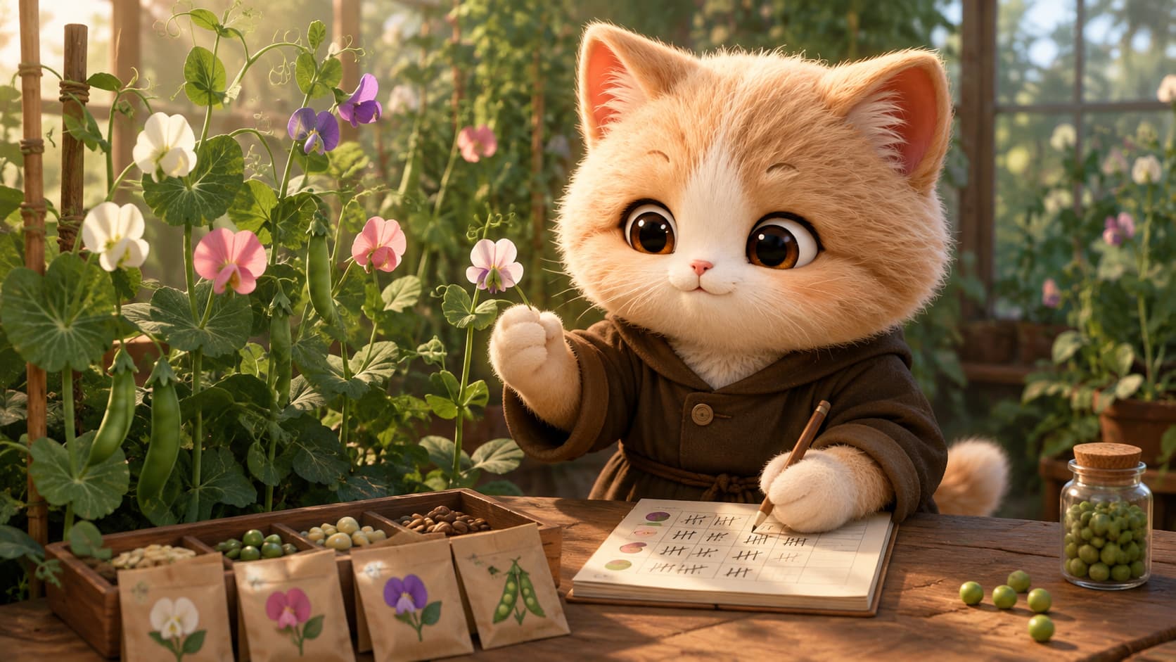 Mendel Cat records traits among different pea plants in a garden.