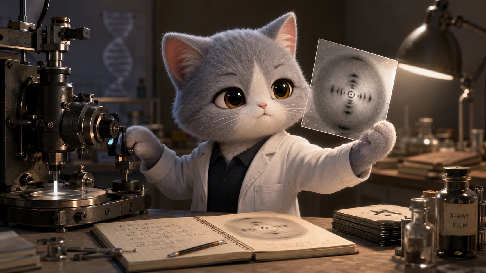 Rosalind Franklin Cat examines an X-ray diffraction image in a laboratory.