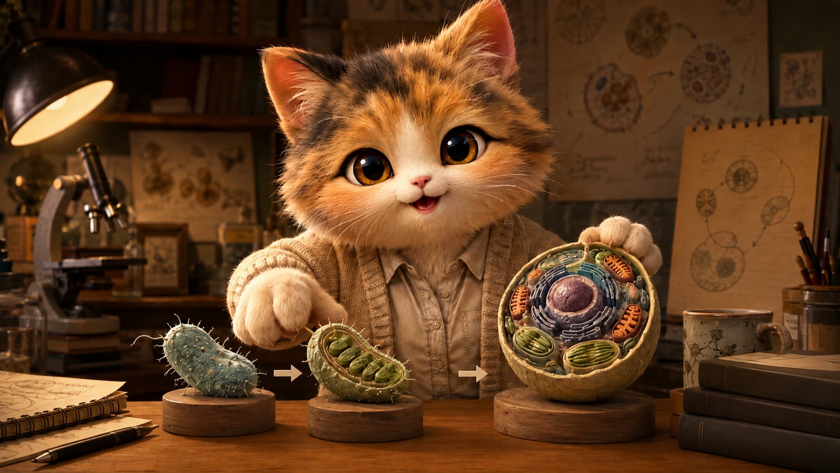 Lynn Margulis Cat brings microorganism models together into a complex cell structure.