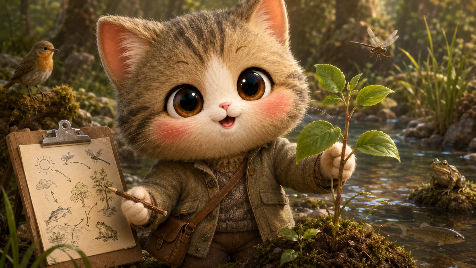 Tansley Cat observes connections among plants, water, soil, and animals beside a forest stream.