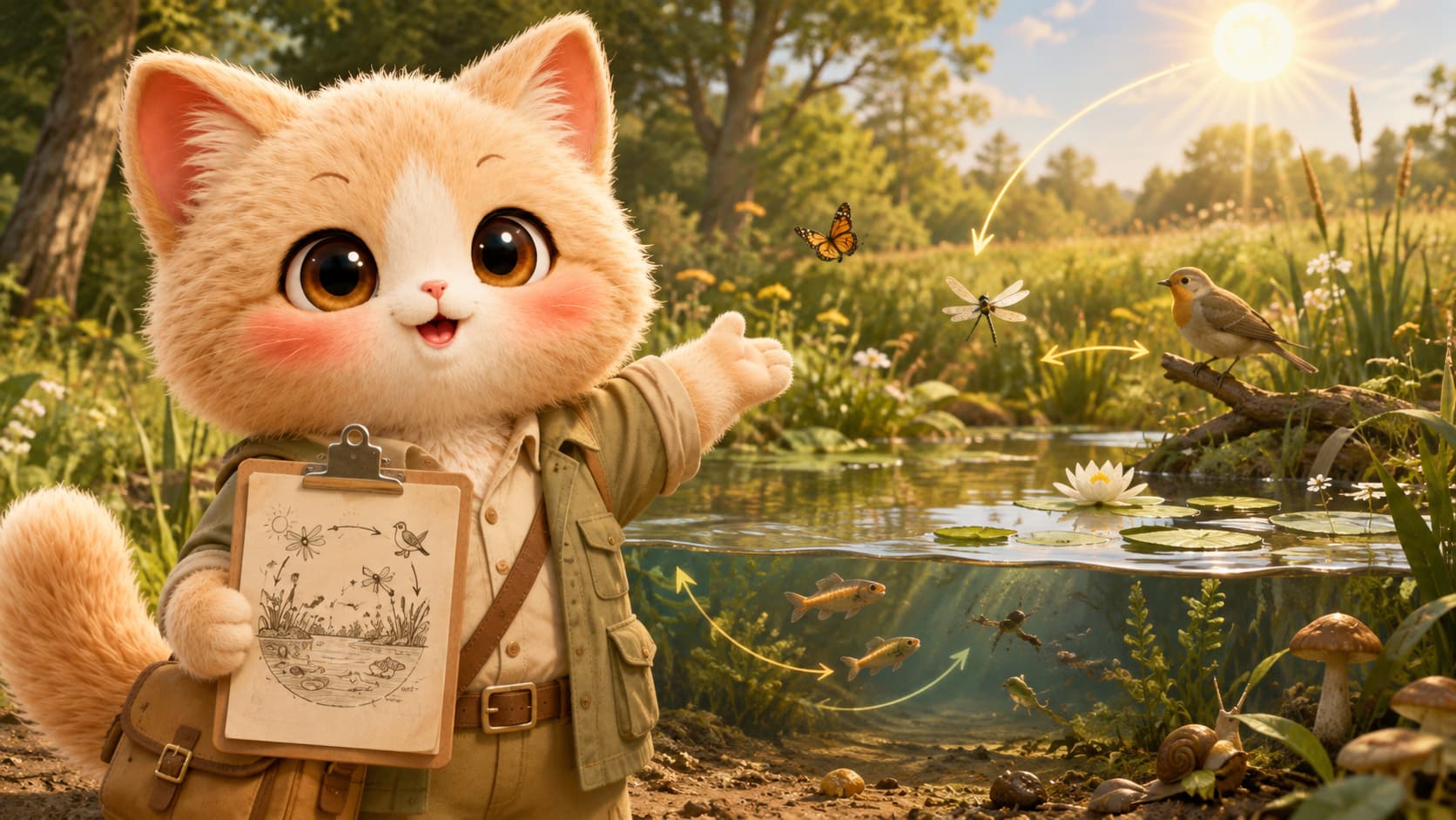 Eugene Odum Cat records ecological links among a pond, meadow, and woodland.