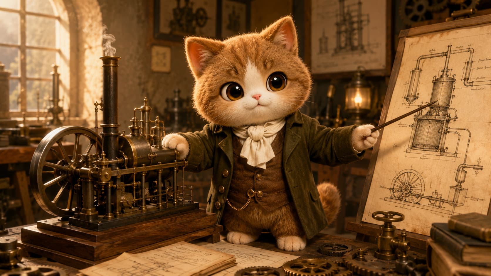Watt Cat examines condensation and regulation mechanisms in a steam-engine workshop.