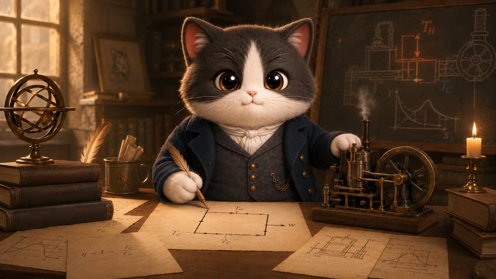 Carnot Cat annotates a heat-engine cycle and efficiency diagram in a quiet study.