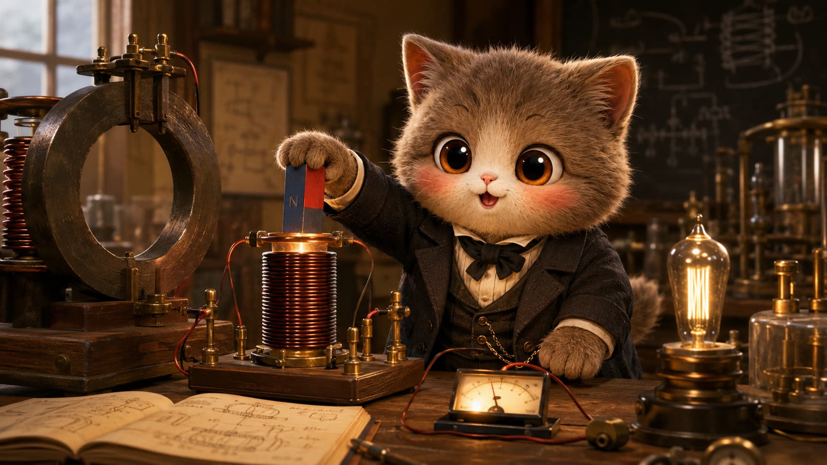 Faraday Cat observes current changes beside a coil-and-magnet experiment.