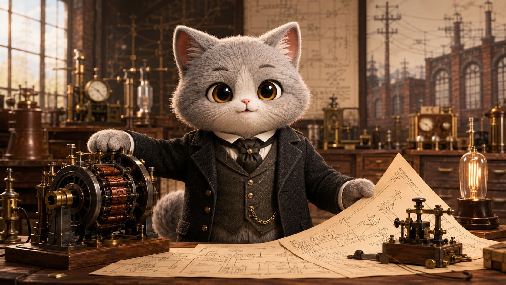 Werner von Siemens Cat reviews a generator model and city electrical-system plans in an engineering workshop.