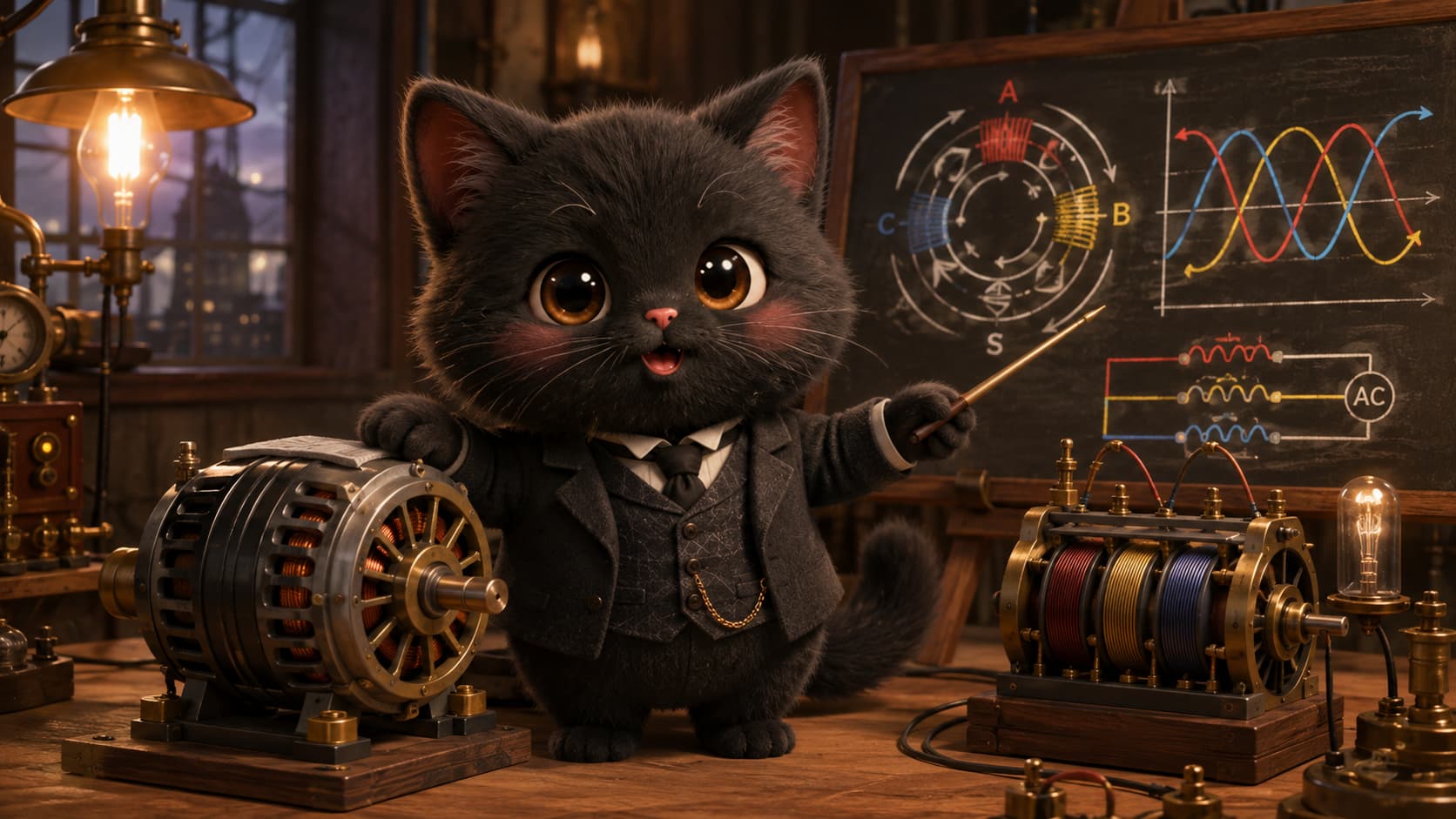 Tesla Cat explains a rotating magnetic field and polyphase system beside an AC motor model.