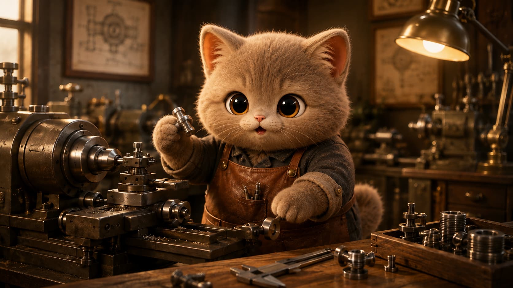Maudslay Cat inspects a newly machined metal part beside a precision machine tool.