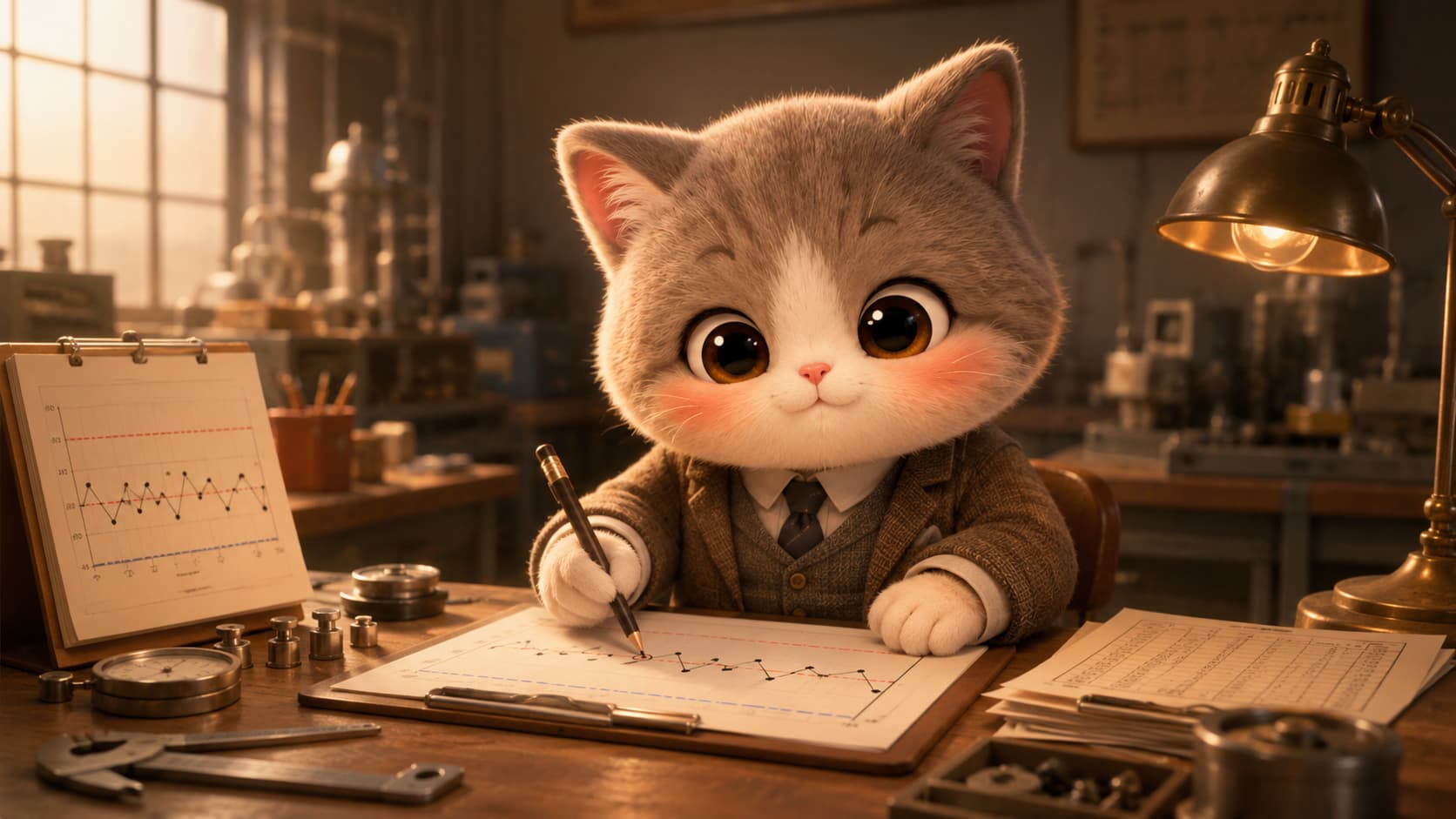 Shewhart Cat marks data points on a control chart at a quality-control desk.