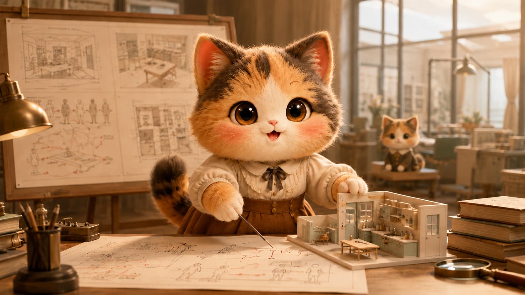 Lillian Gilbreth Cat adjusts a daily-life facility model and movement workflow in a resident-centered engineering space.