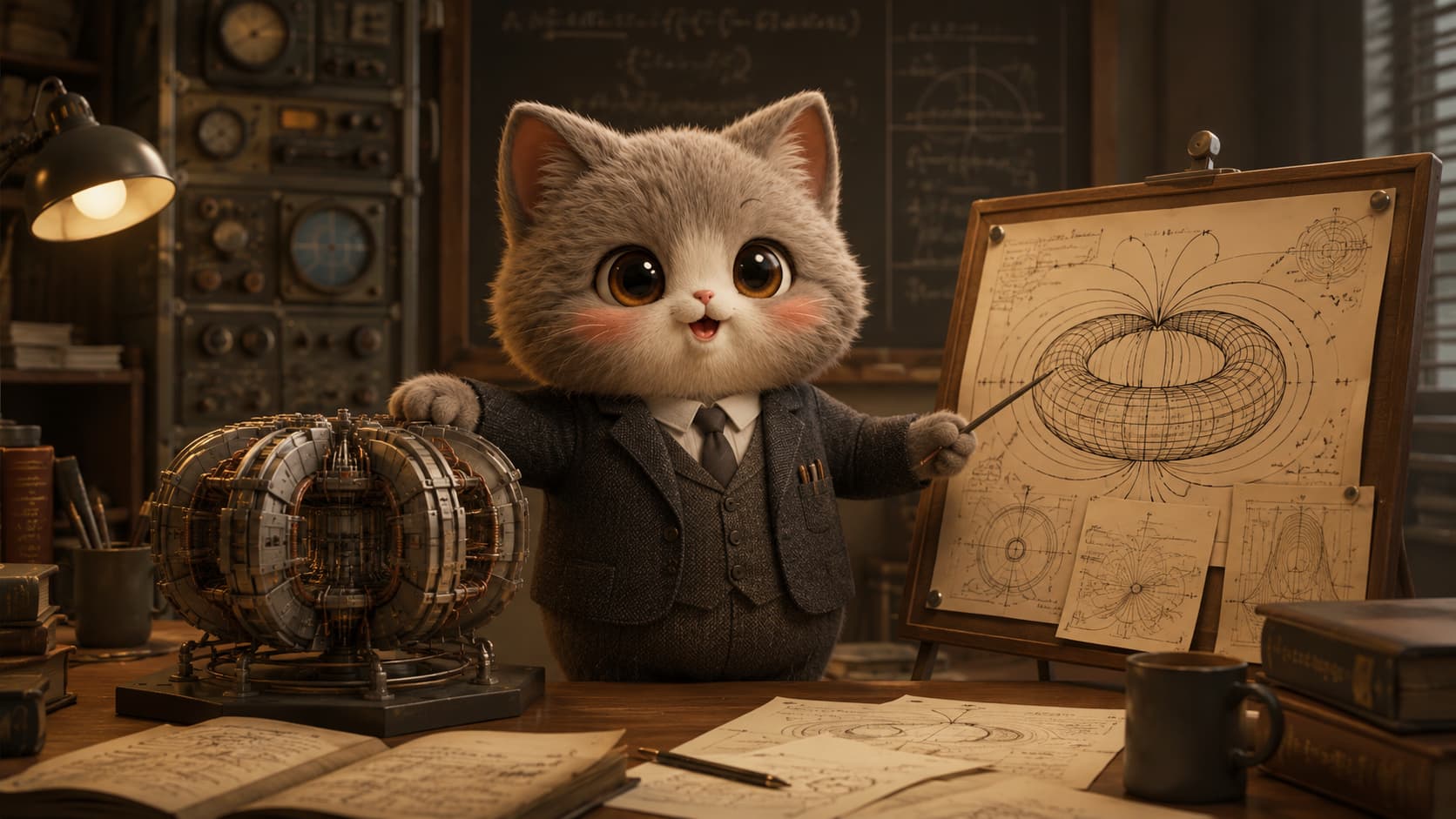 Sakharov Cat studies a tokamak and toroidal magnetic-confinement diagram in a fusion research space.