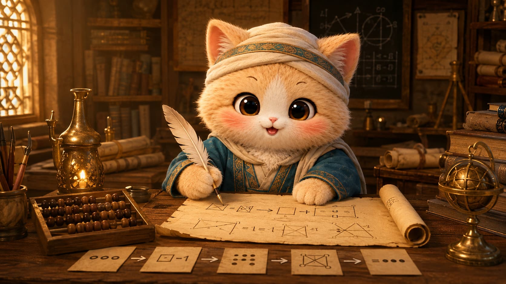 Al-Khwarizmi Cat arranges a complex problem into a sequence of algorithmic steps.