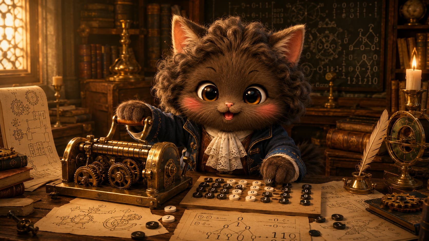 Leibniz Cat operates a mechanical calculator while arranging black-and-white binary counters.