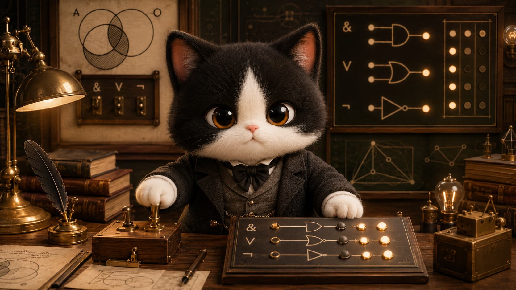 Boole Cat changes logic switches and observes the resulting output.