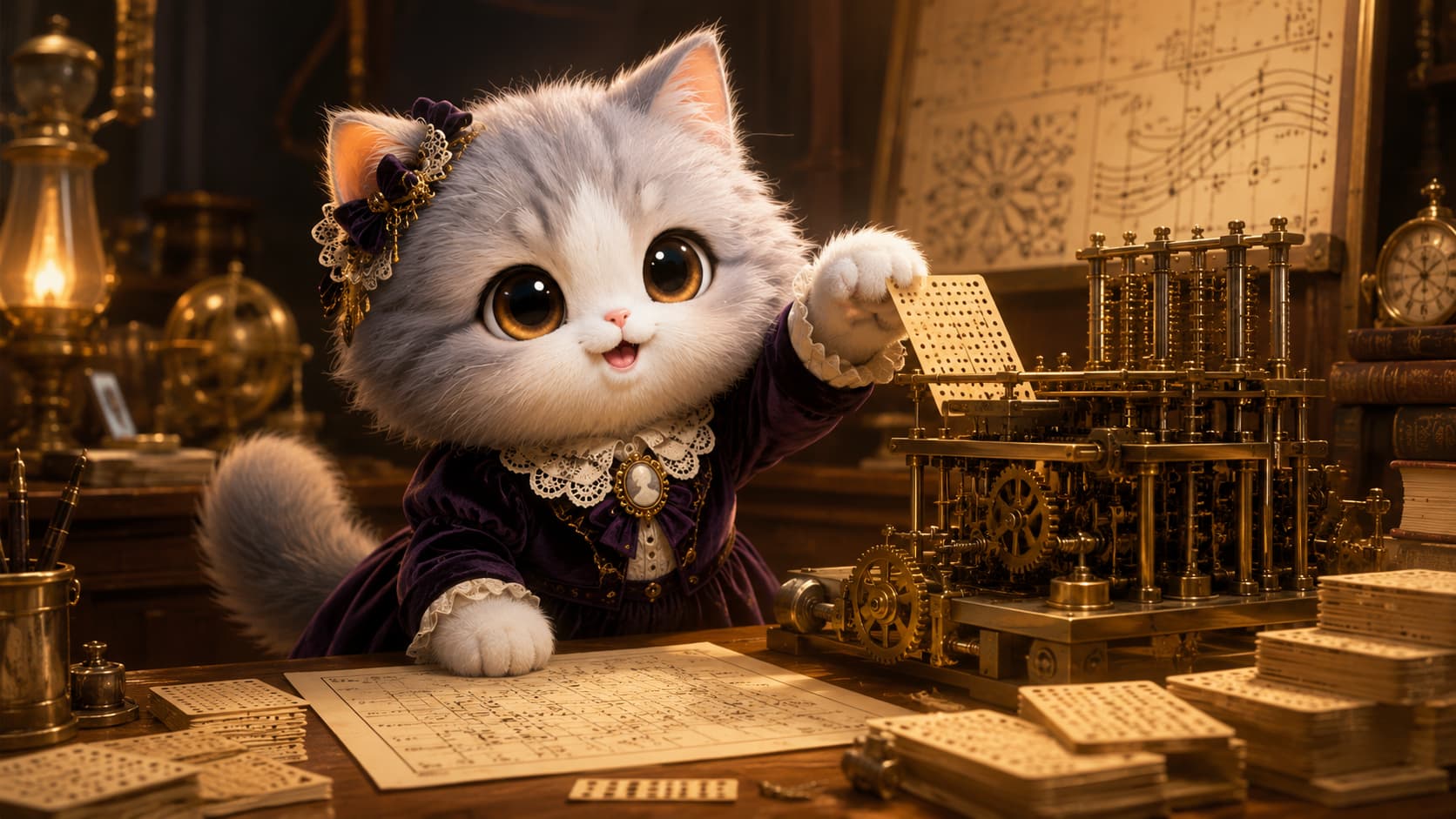 Ada Lovelace Cat places a punched card into an Analytical Engine model while reviewing an algorithm.
