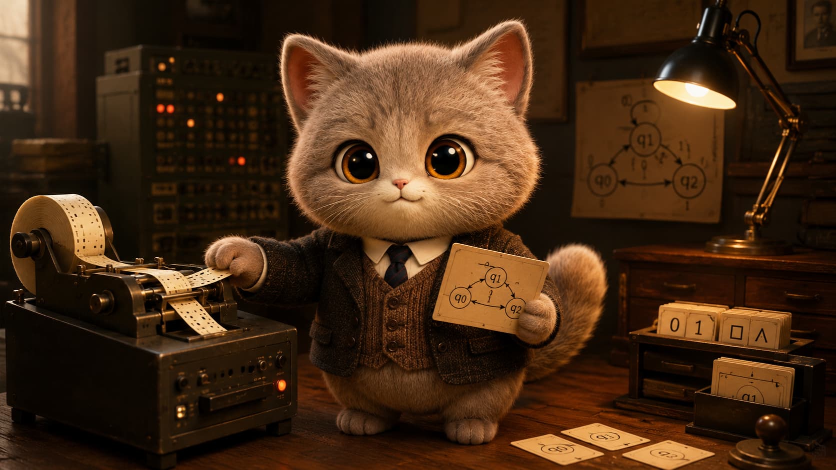 Turing Cat feeds a paper tape through a machine head while checking a state-transition diagram.