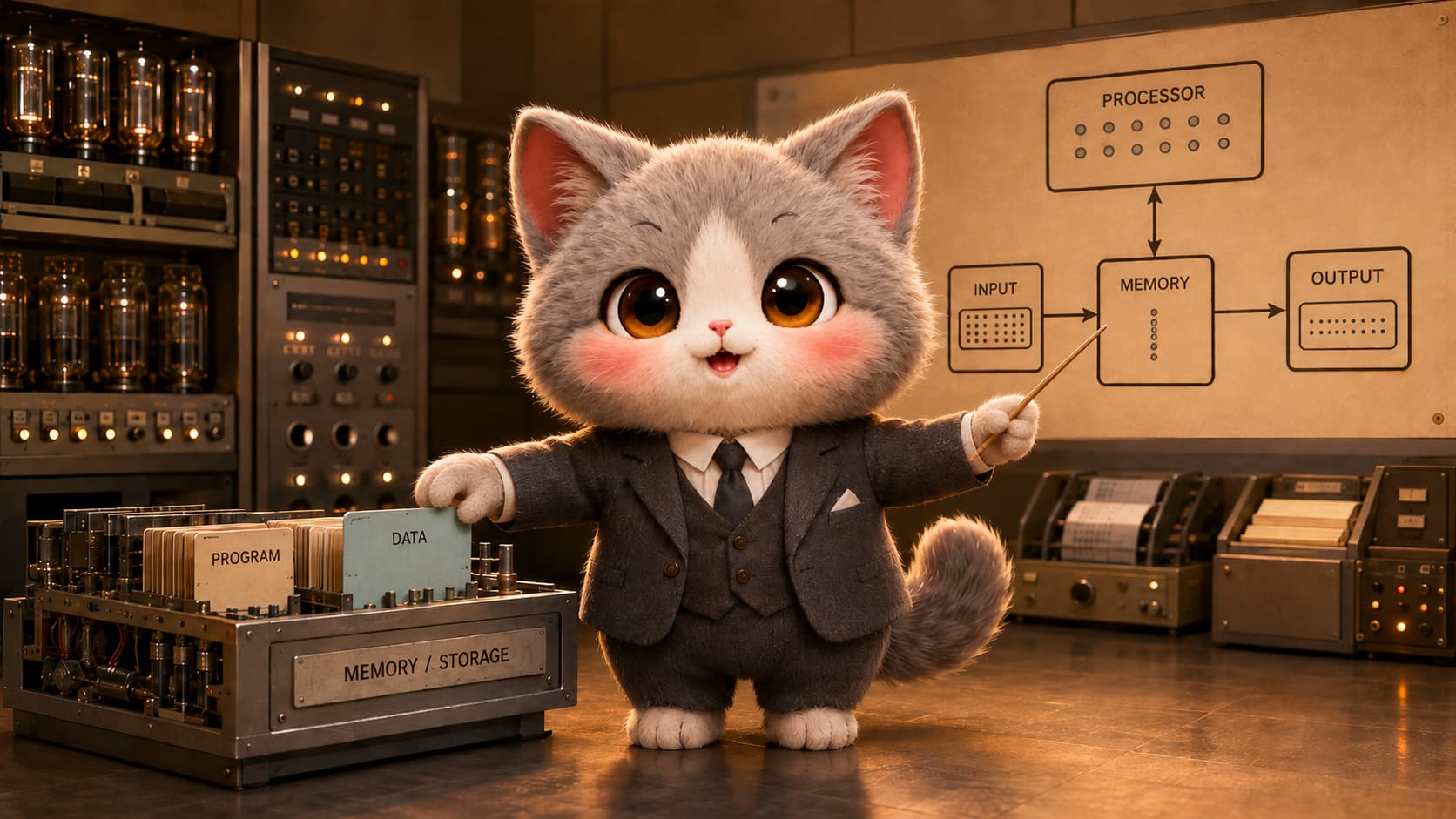 John von Neumann Cat places program and data cards into the same stored-program model.