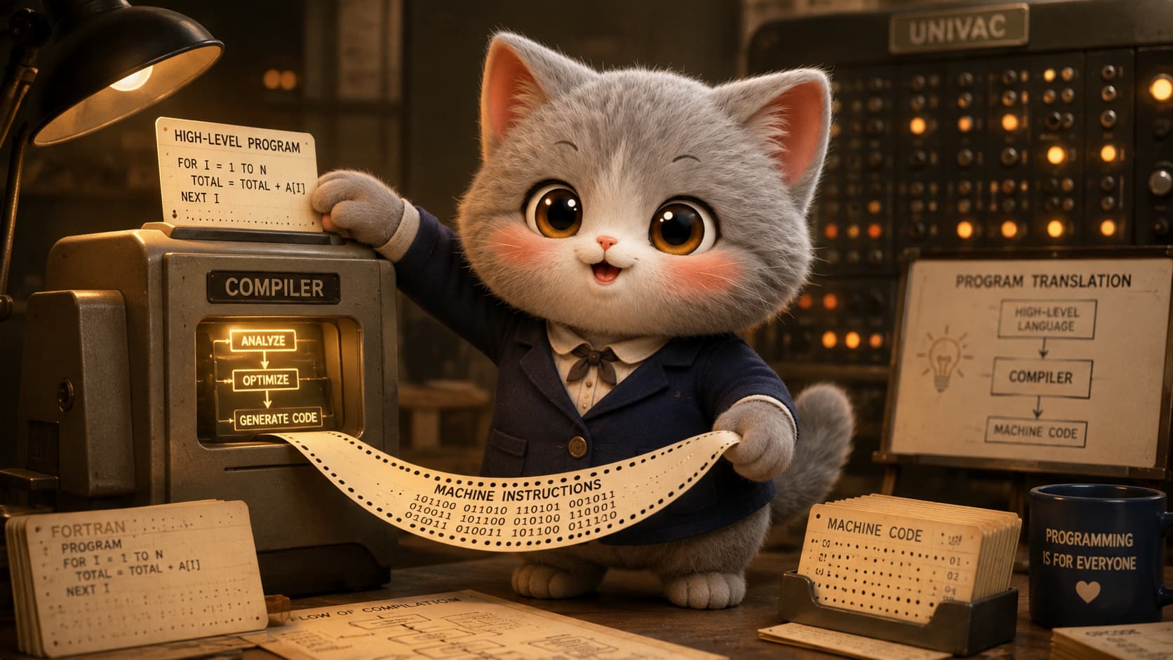 Grace Hopper Cat feeds a high-level program card into a compiler and receives machine instructions.