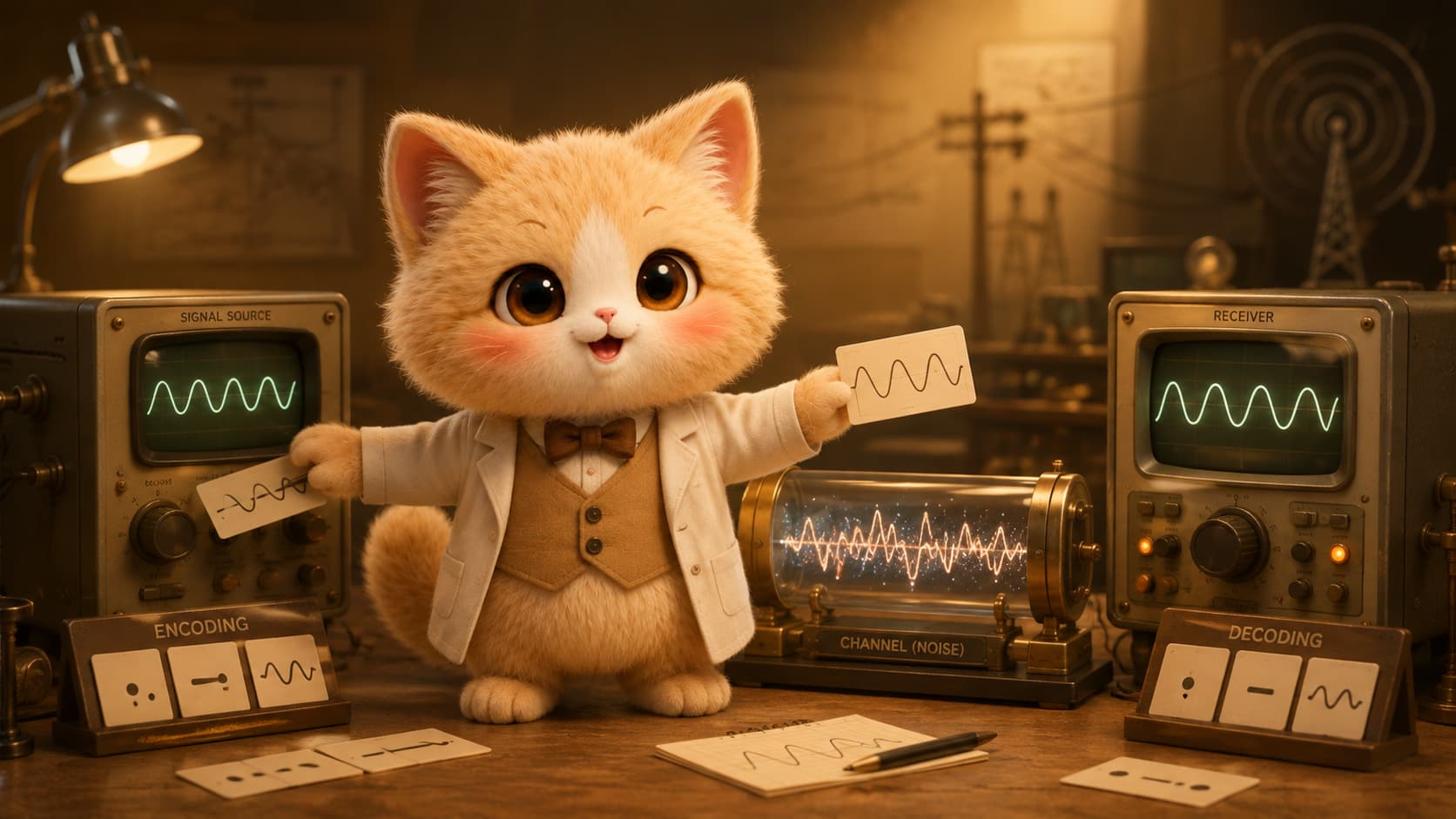 Shannon Cat compares an encoded signal before and after noise in a communications laboratory.
