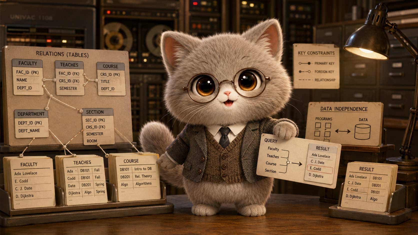 Edgar Codd Cat connects related data cards and uses a query card to retrieve a result.
