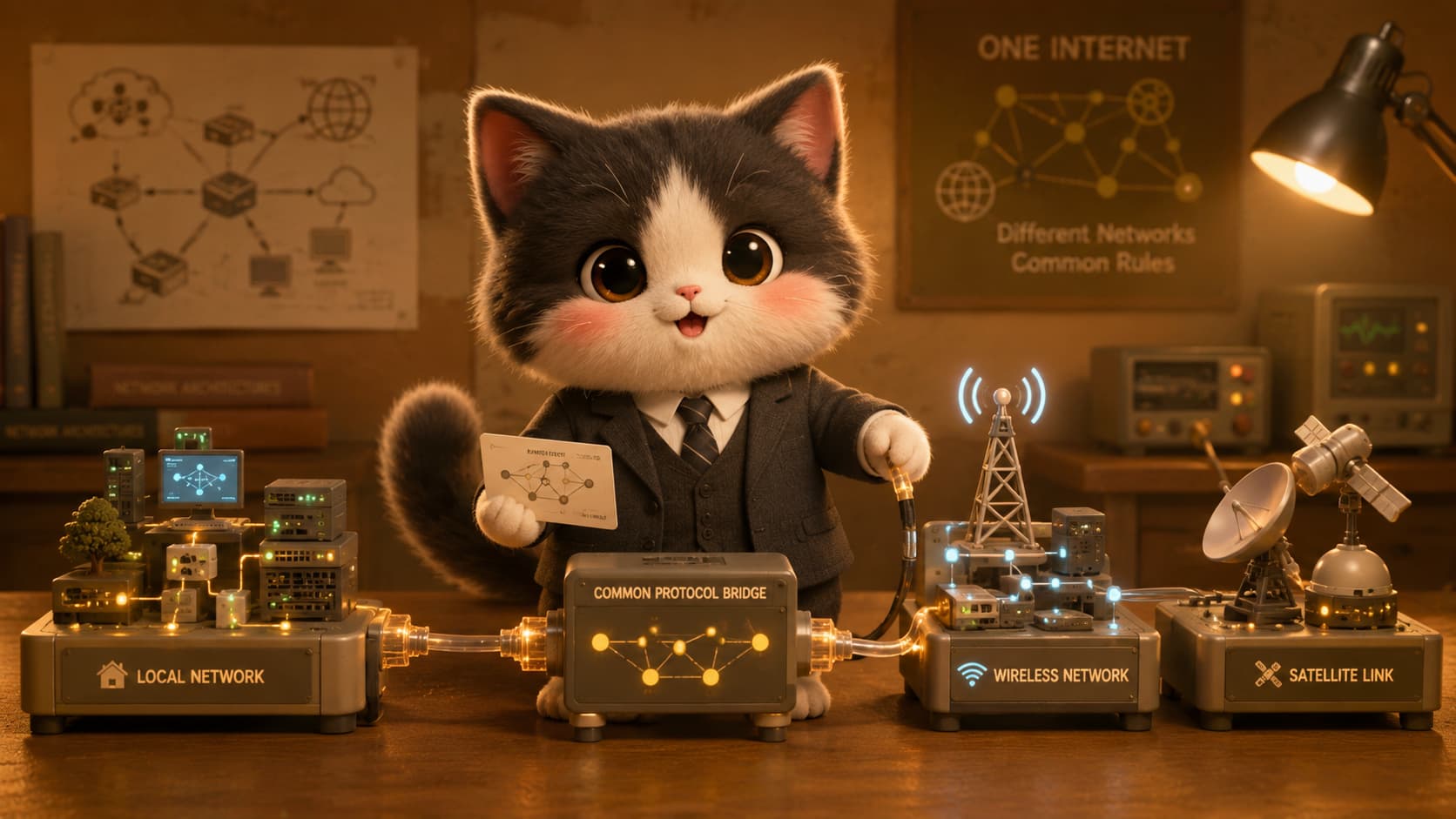 Vint Cerf Cat connects two differently structured network modules through a shared protocol path.