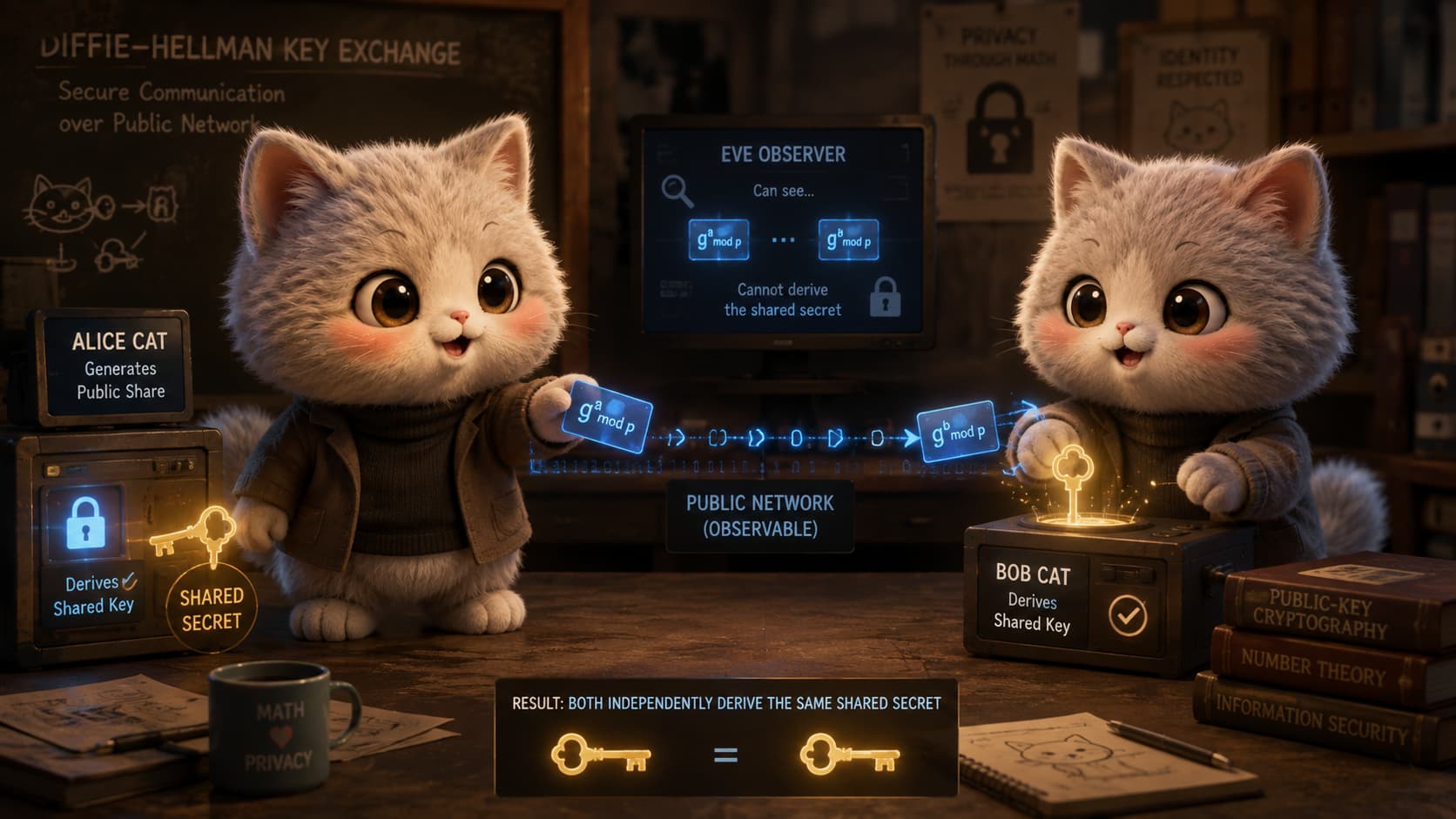 Whitfield Diffie Cat sends a public parameter card and forms a secret key in an open-network experiment.