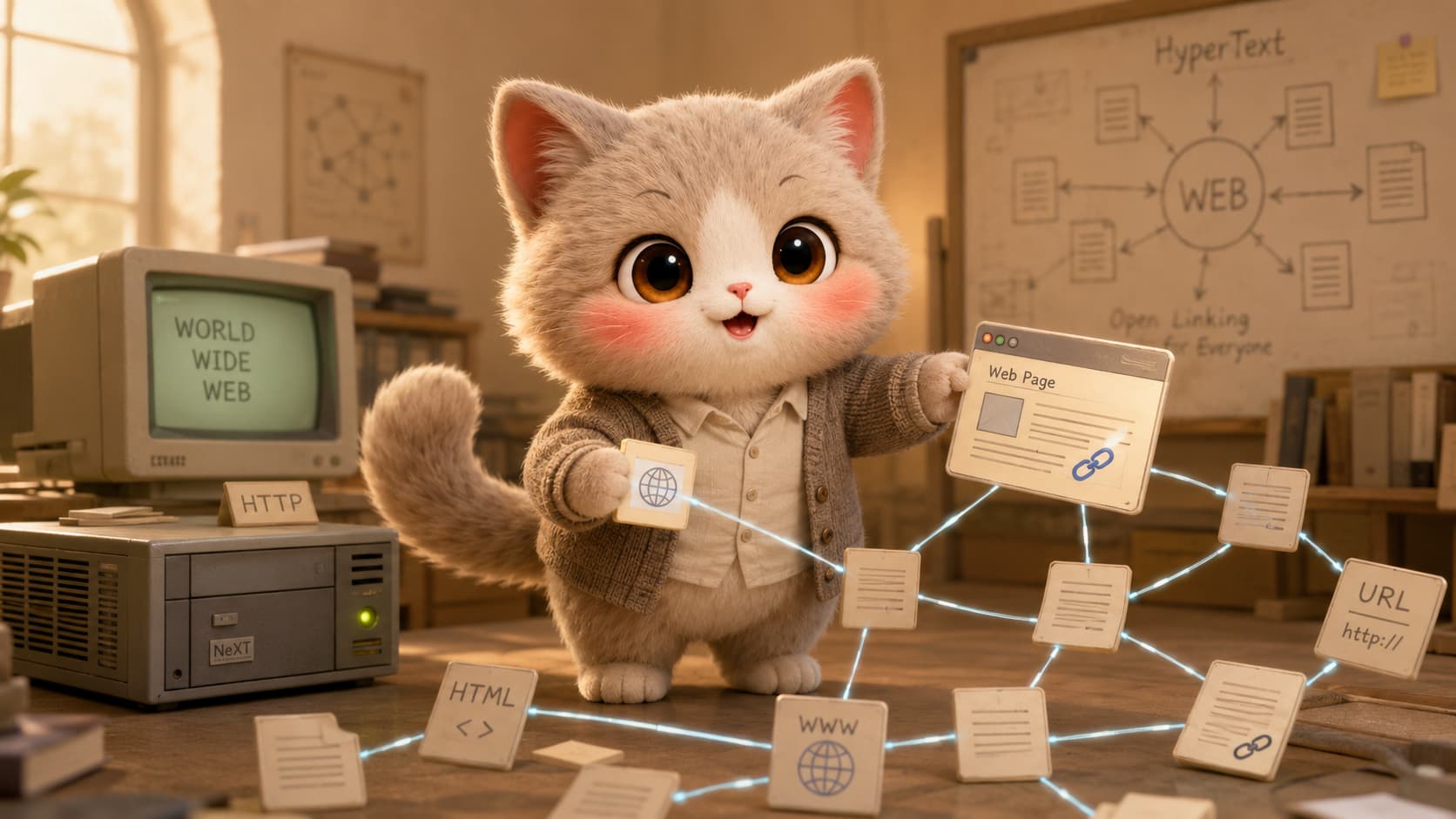 Tim Berners-Lee Cat connects two document nodes in an open Web workspace.