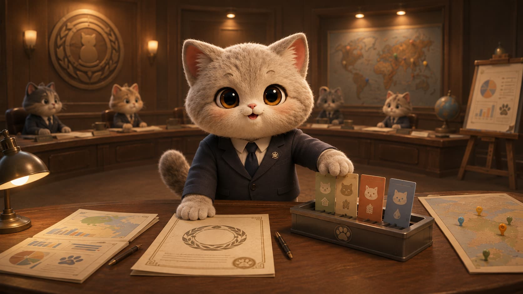 Dag Hammarskjöld Cat evaluates conflicting requests at a cross-city coordination table using shared rules.