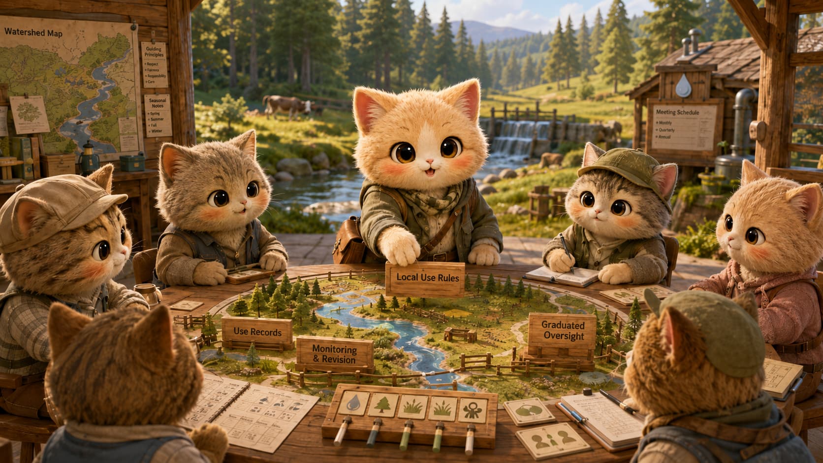 Elinor Ostrom Cat and resource-using cats create monitoring and revision rules for shared water and forests.