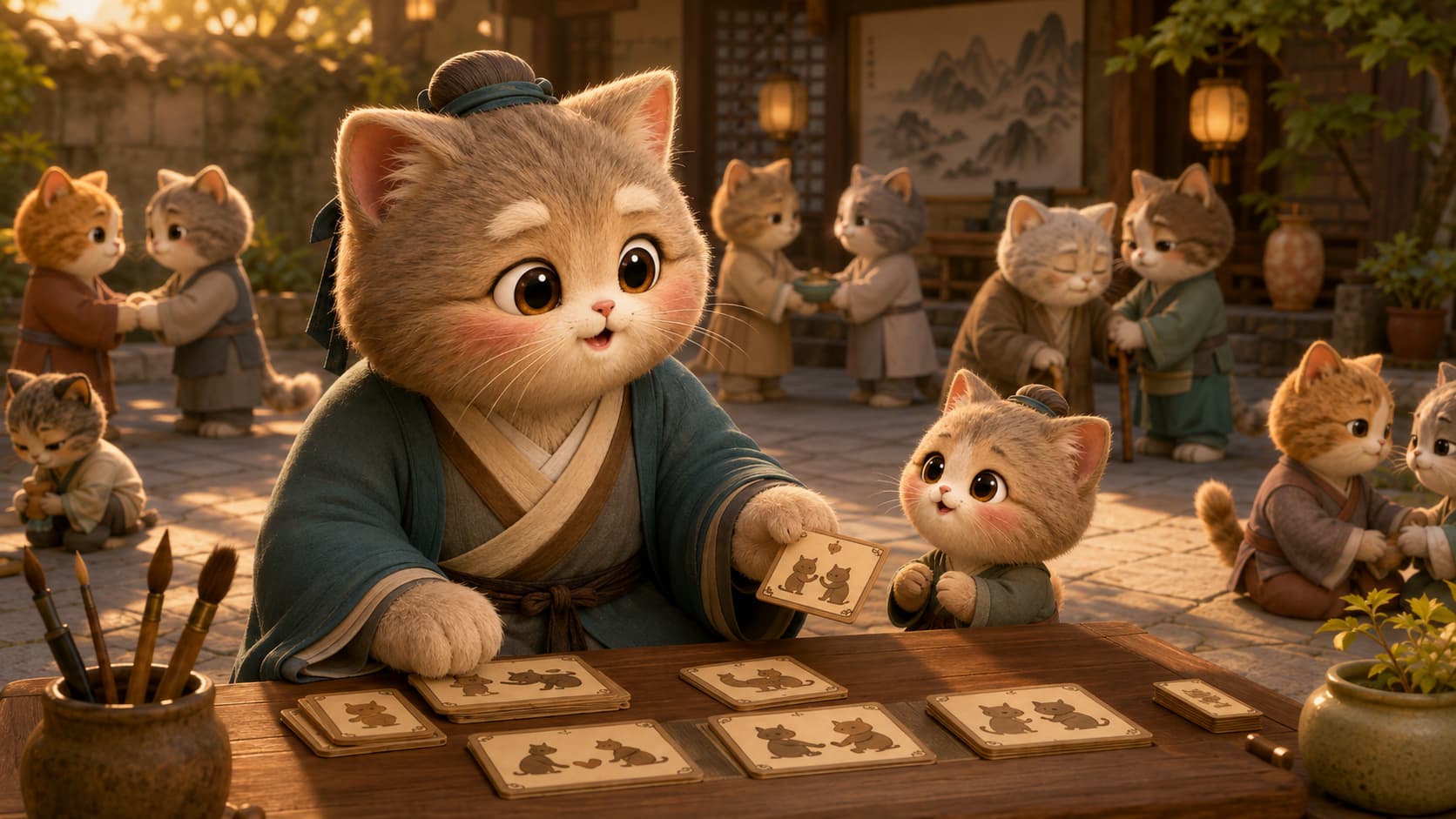 Confucius Cat arranges everyday-practice cards for greeting, keeping promises, care, and resolving conflict.