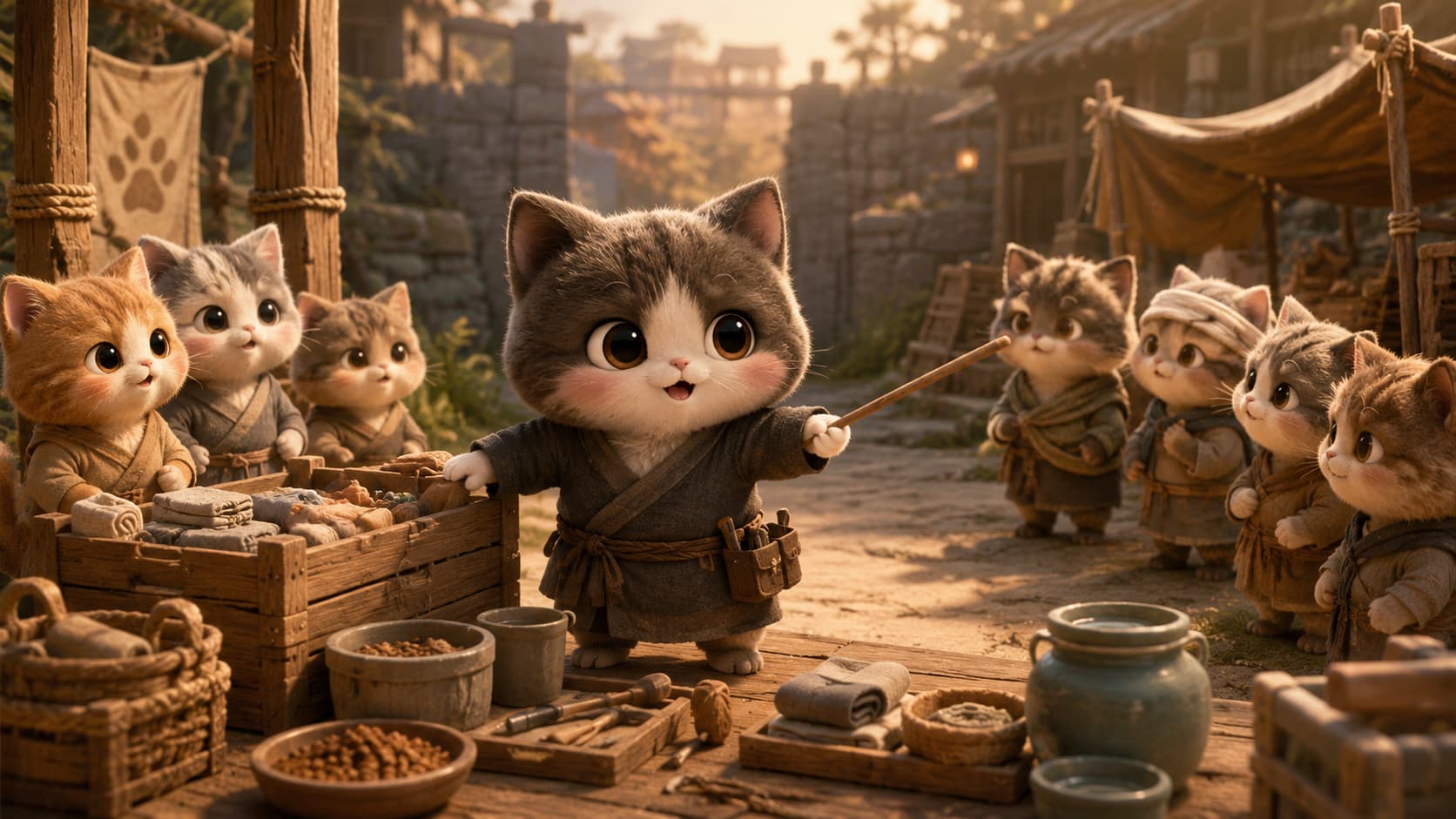 Mozi Cat moves food, water, and repair resources from one familiar group toward a place open to every cat.