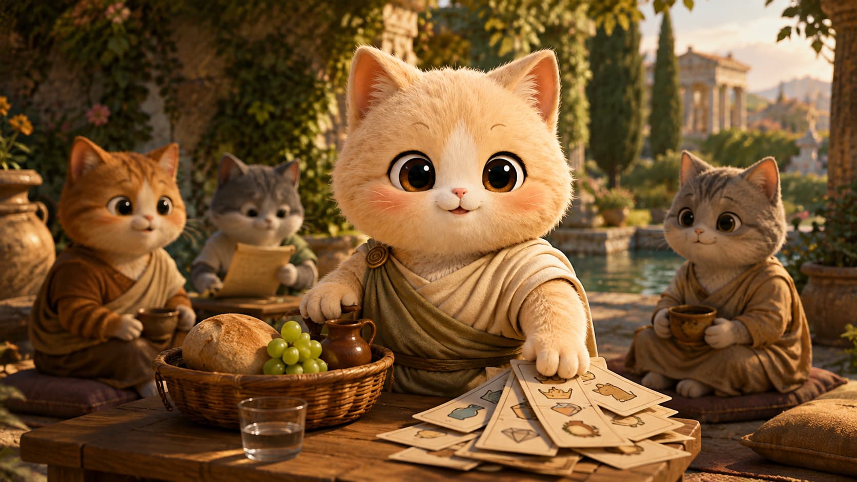 Epicurus Cat shares a simple garden table with friends while moving an endless stack of desire cards away.