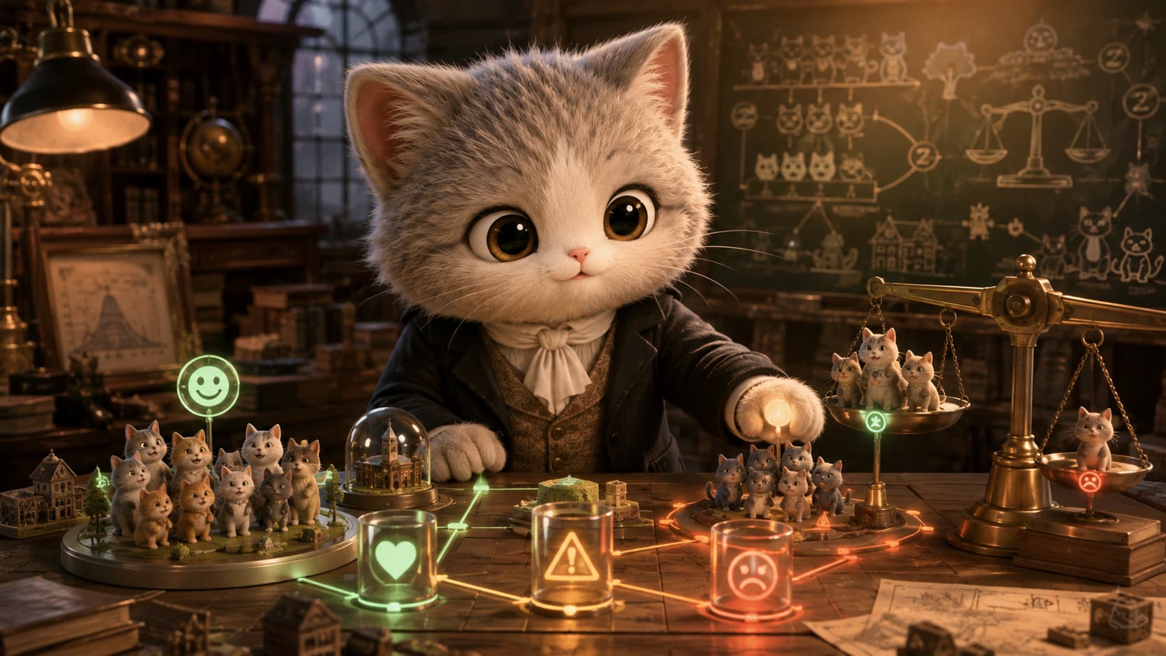 Jeremy Bentham Cat compares how several public proposals distribute happiness, suffering, risk, and loss among different cats.