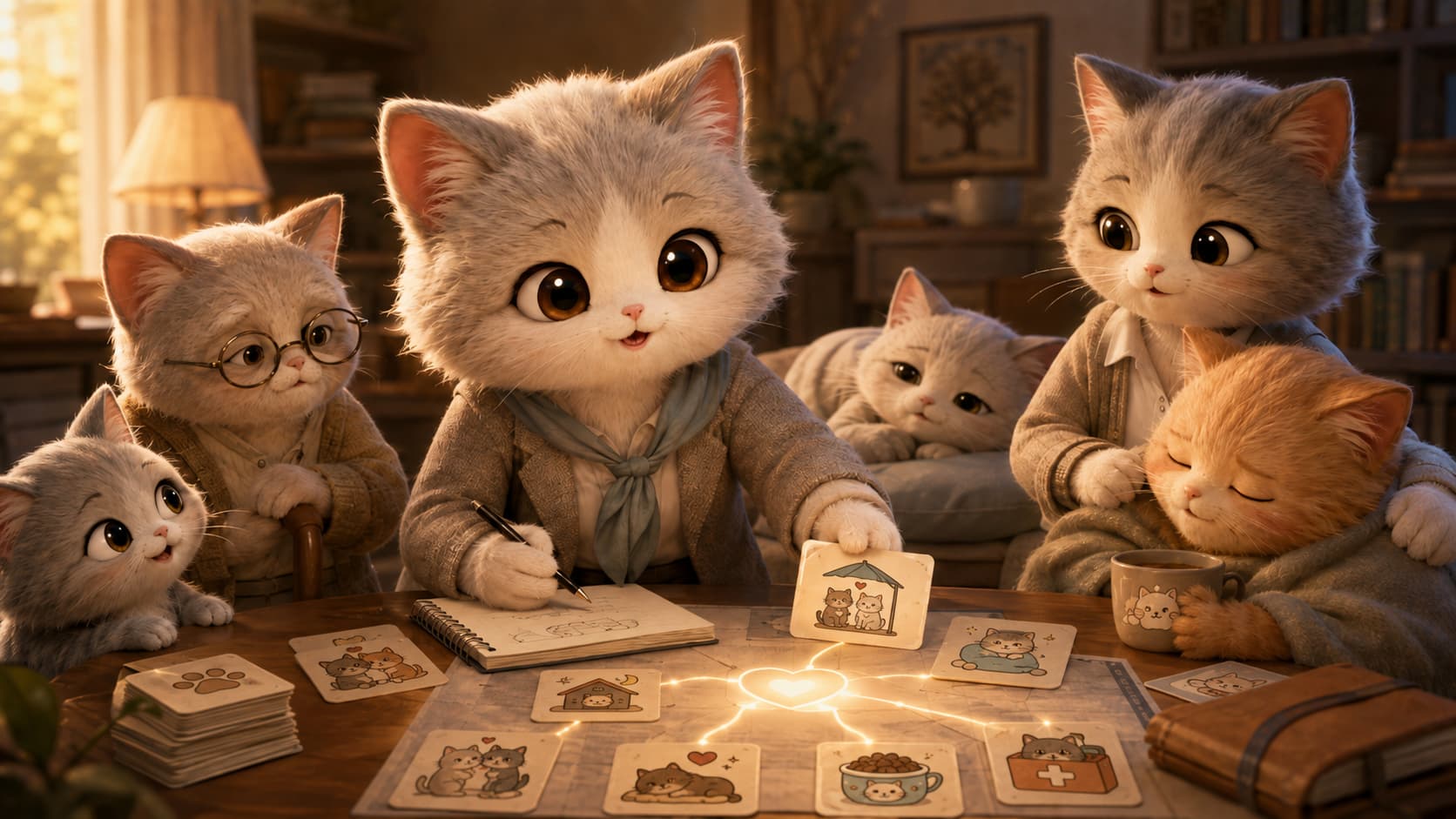 Carol Gilligan Cat records the needs of kittens, old cats, ill cats, and carers, then adds support for carers to the shared plan.